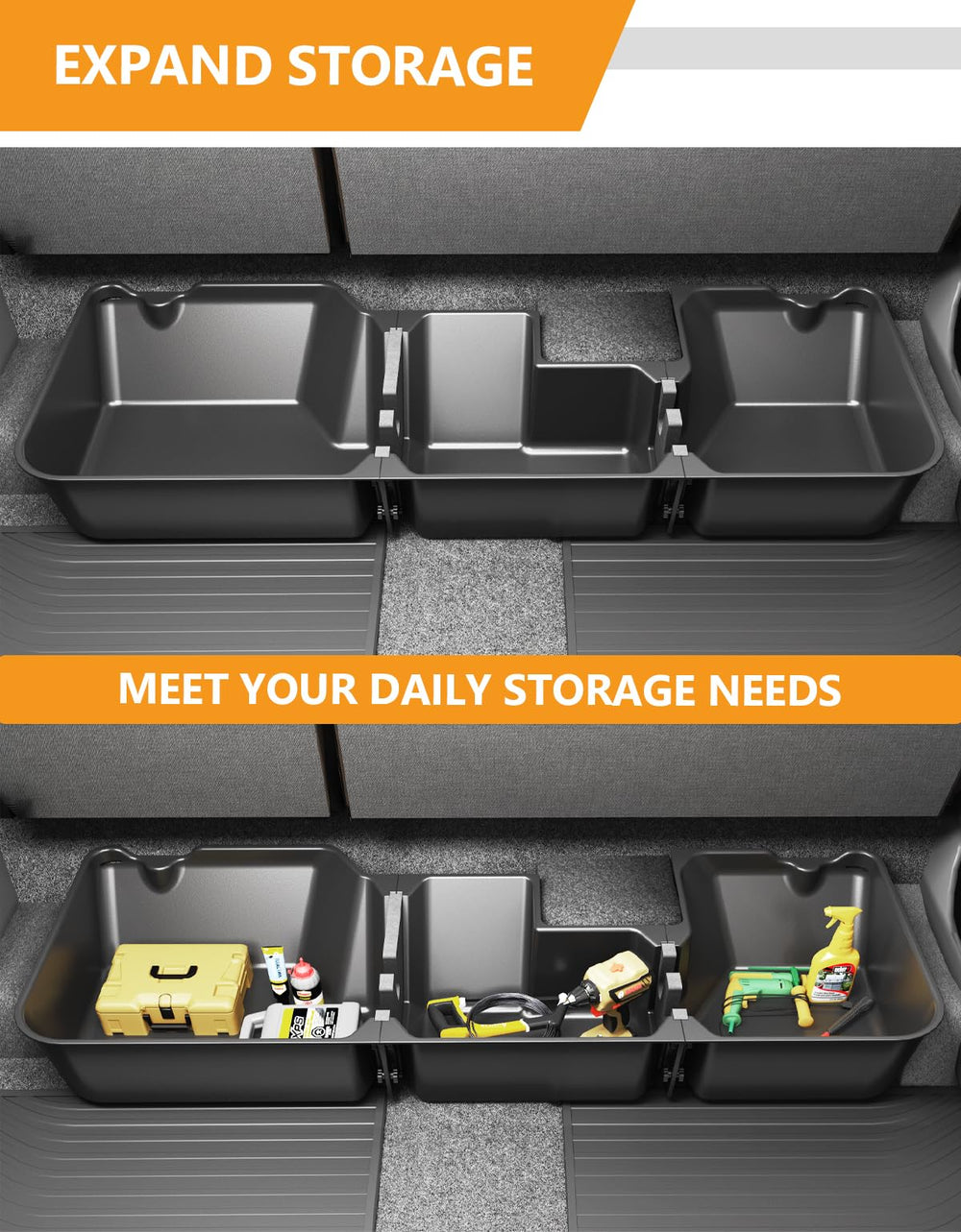 Hidden under-seat storage conceals items for discreet organization.
