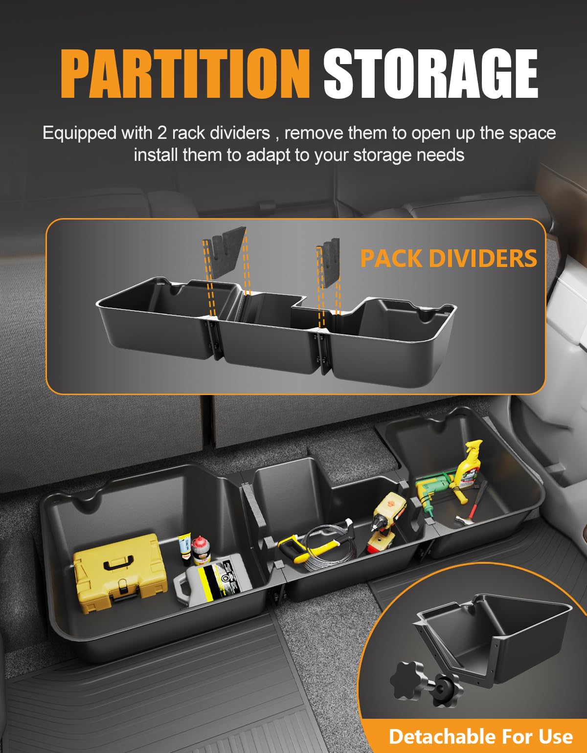 Removable baffle adapts to larger or irregular items beneath the seat.