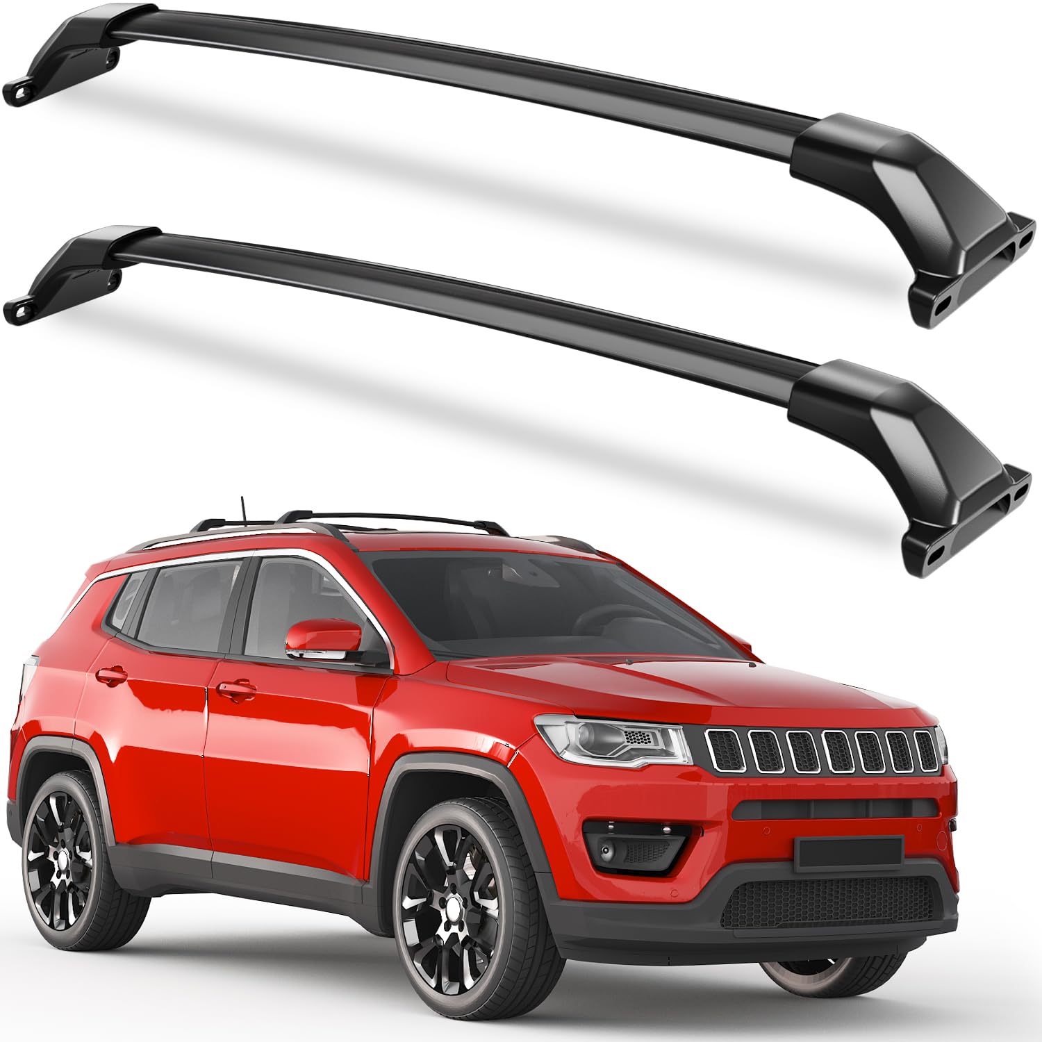 Kinggeri roof rack cross bars on Jeep Compass with side rails for secure mounting.
