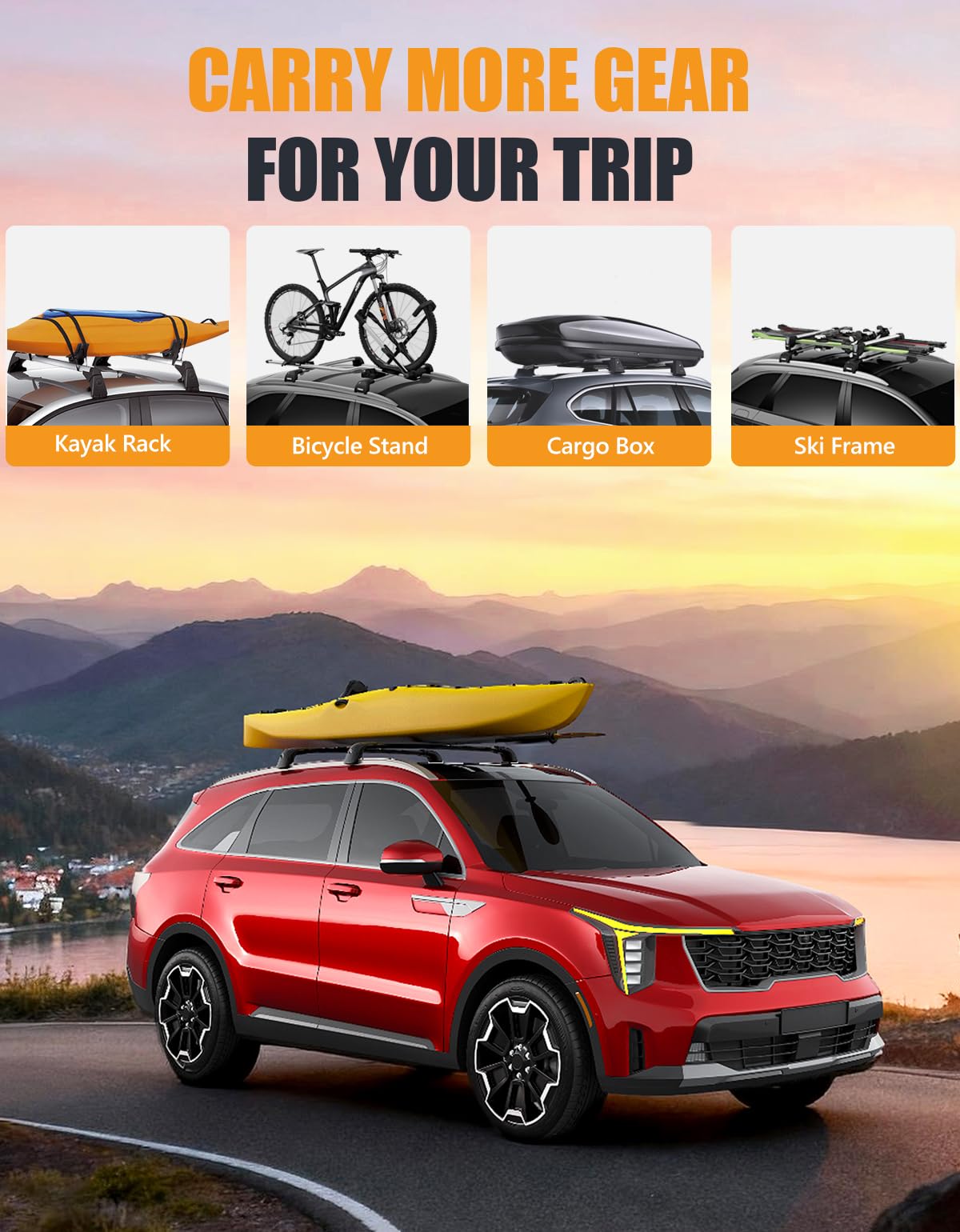 KINGGERI cross bars feature tie-down loops for secure roof cargo.
