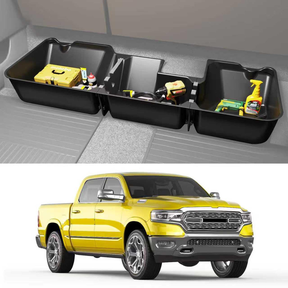 KINGGERI under-seat storage box installed in Ram 1500 Crew Cab for organized tools.