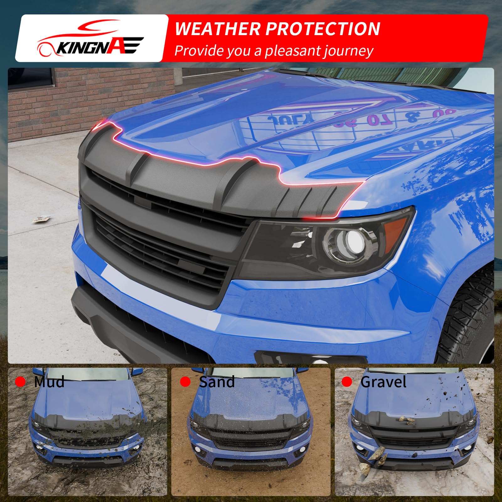 Kingna hood shield deflects rocks and debris protecting windshield