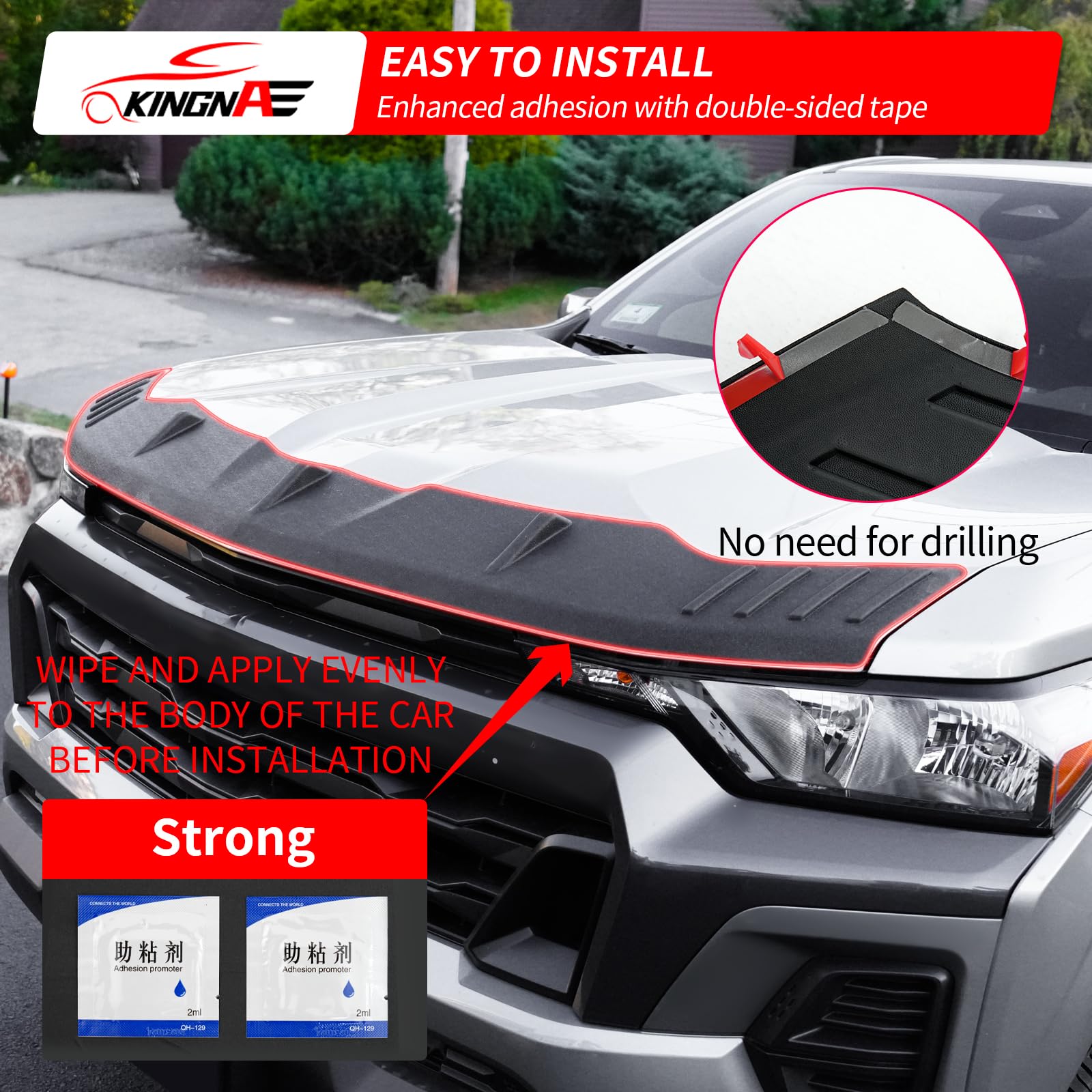 Kingna hood protector installation video still showing proper alignment.