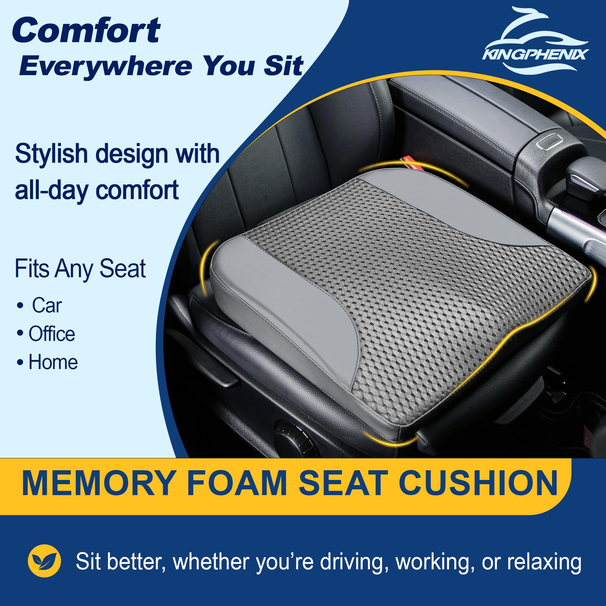 Kingphenix coccyx-relief cushion eases long drive discomfort.