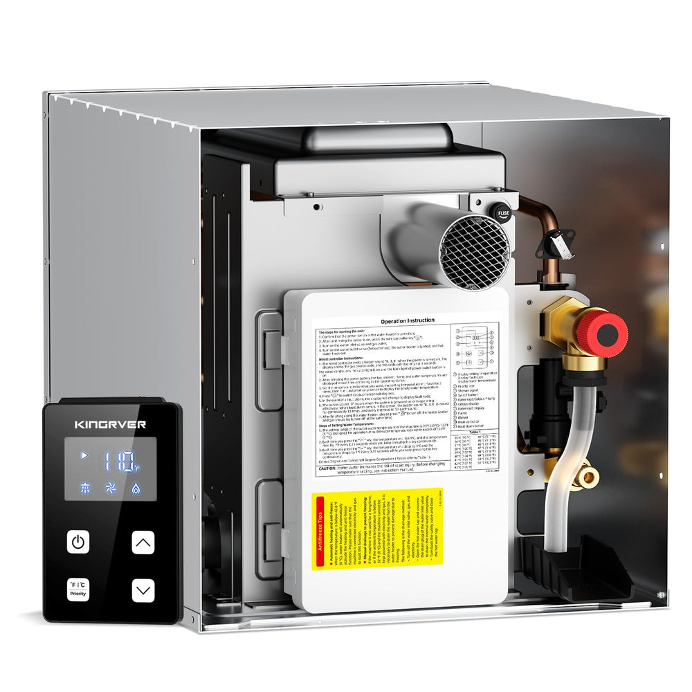 KINGRVER tankless RV water heater front view, compact footprint ideal for small RV spaces.