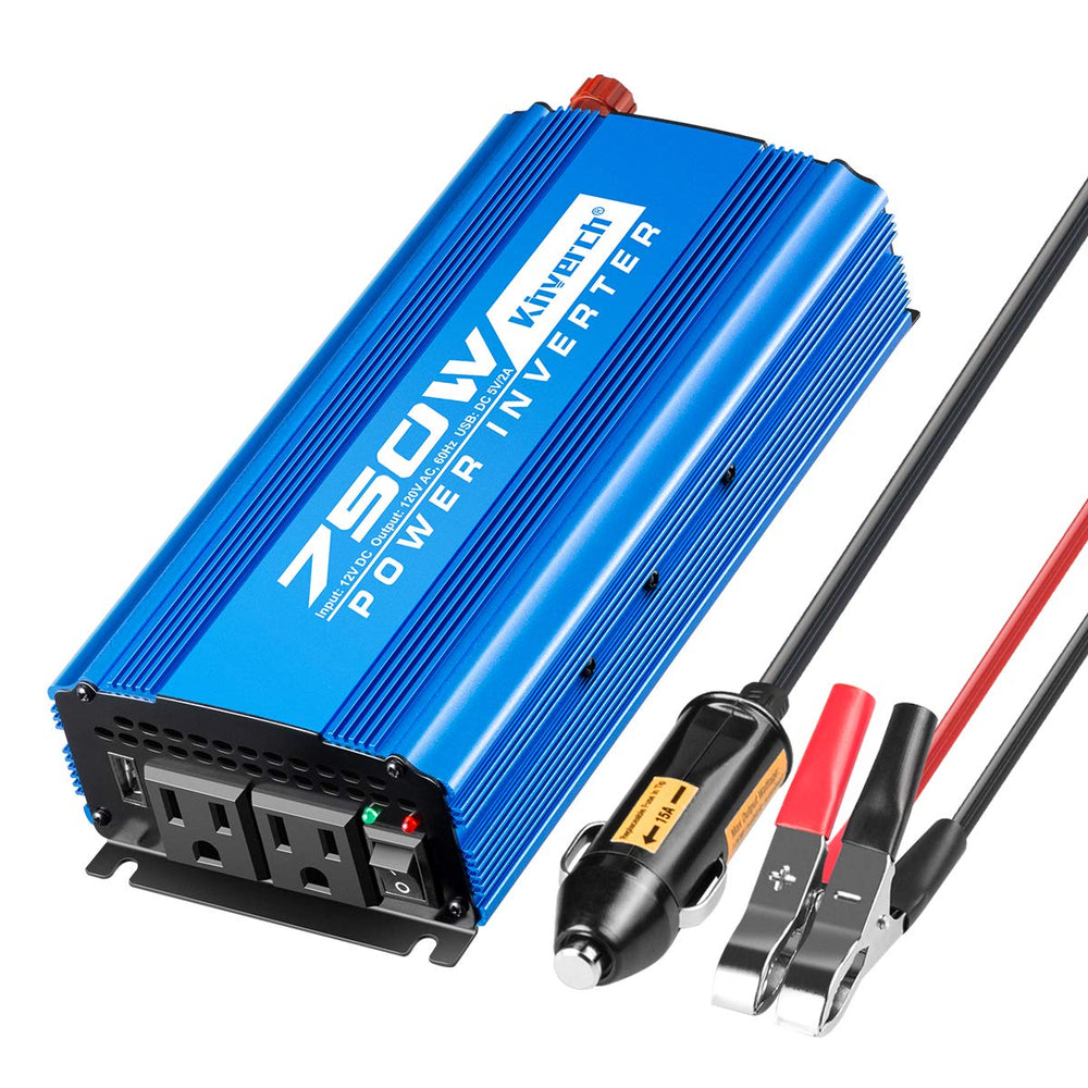 Kinverch 750W power inverter front view with dual outlets for camping power