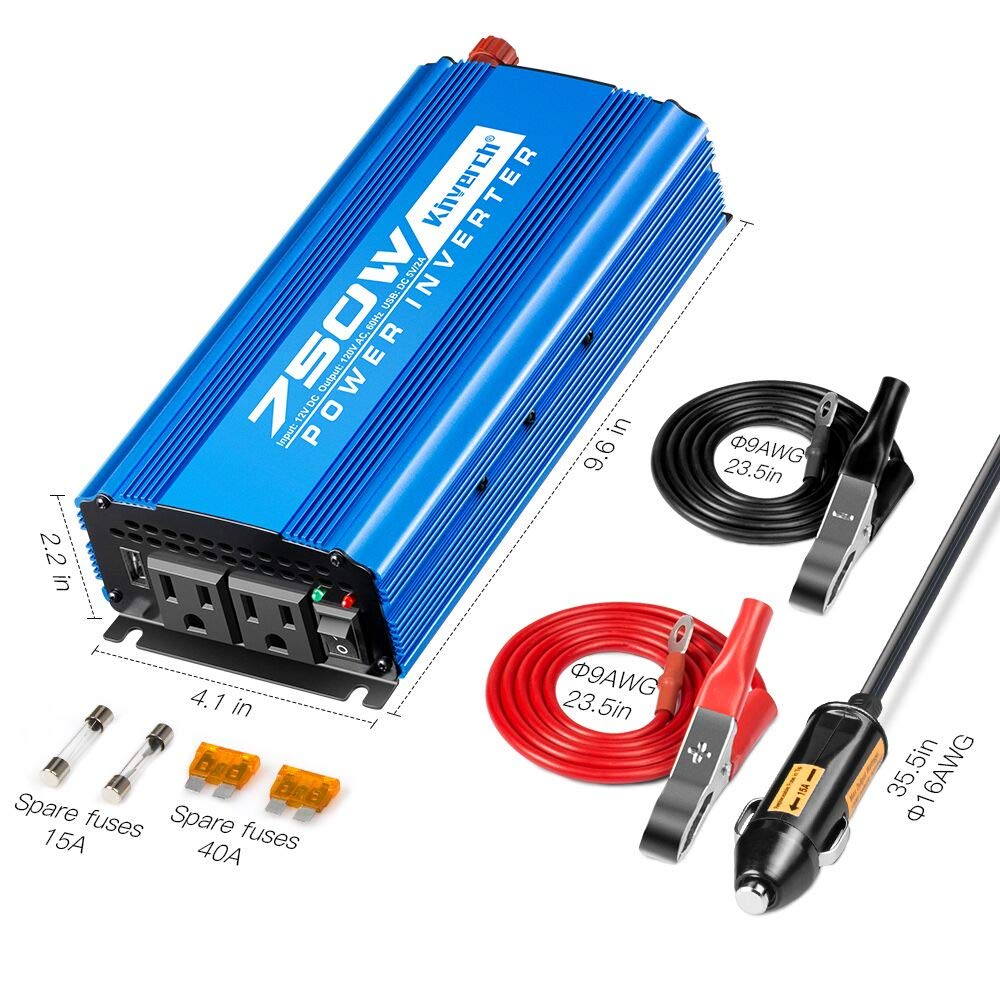 Kinverch 750W inverter ports with two AC outlets and USB port for devices