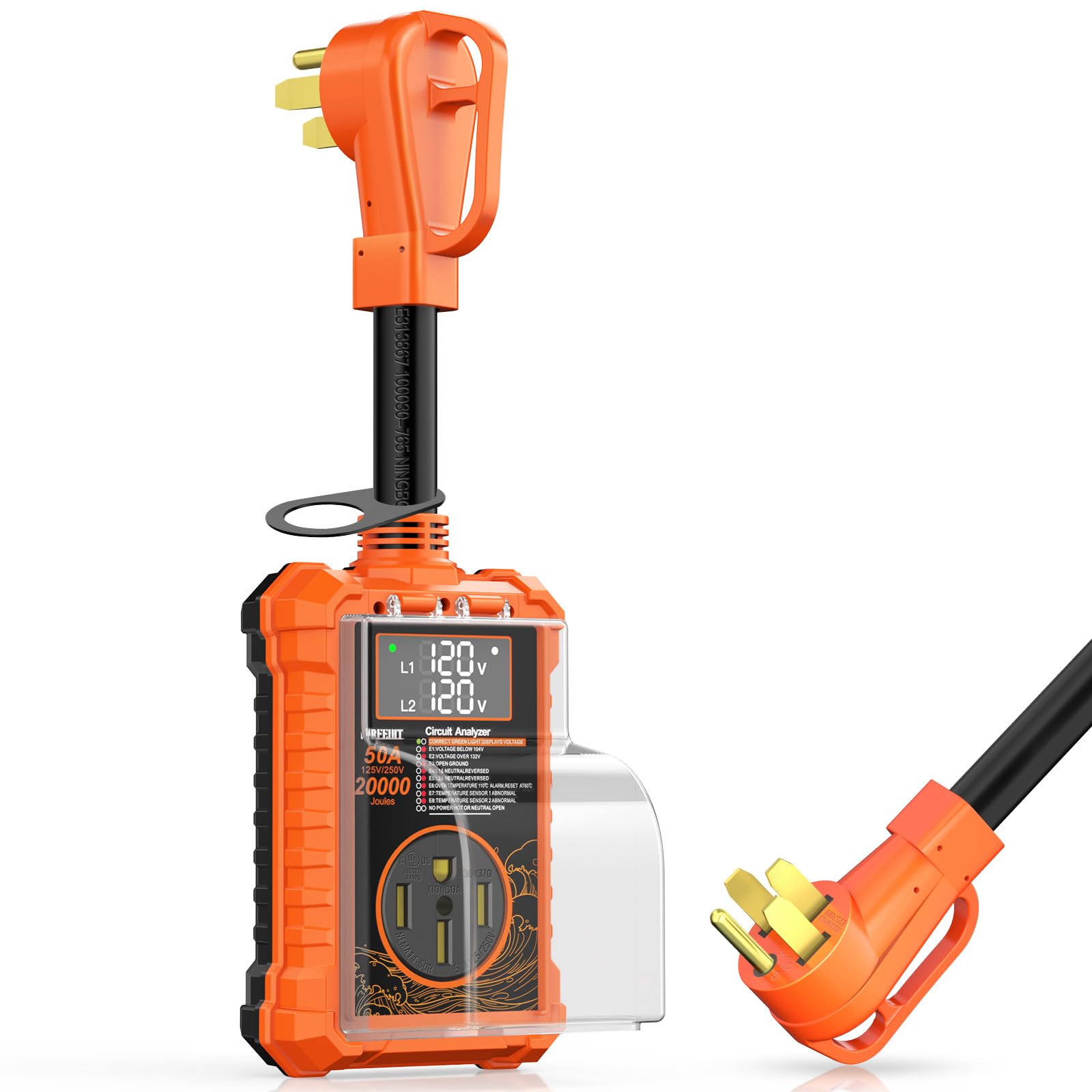 KIRFEIHT RV Surge Protector with 20,000J protection safeguards appliances.
