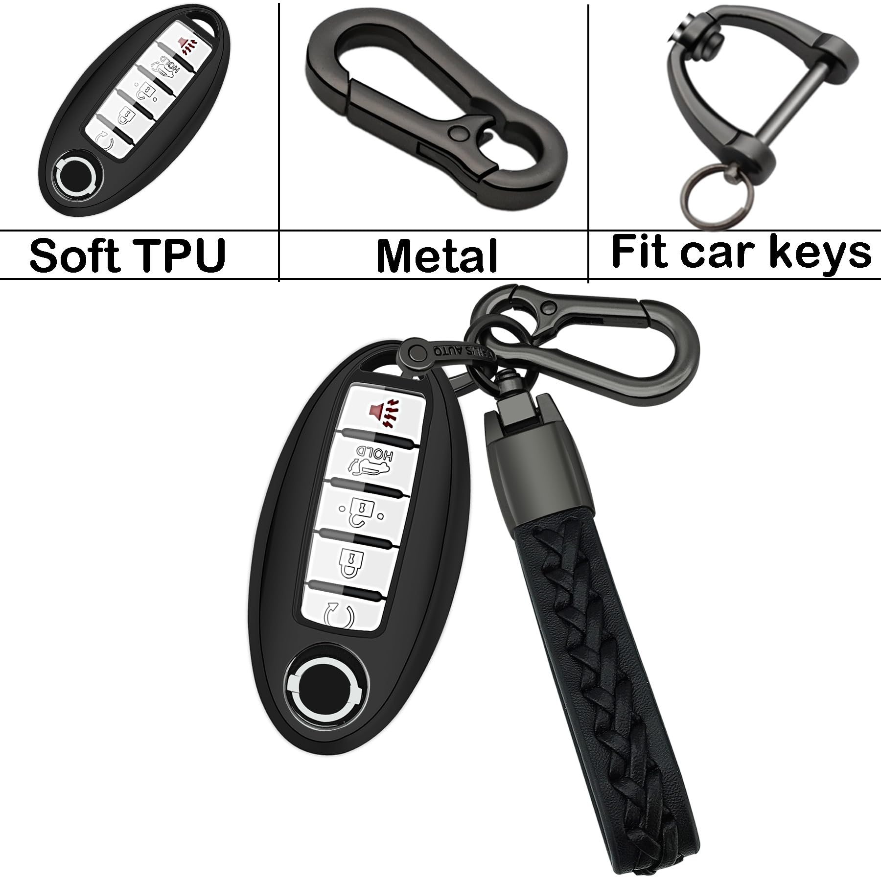 Kirsnda Nissan key fob cover leather keychain detail; woven accent for everyday use.