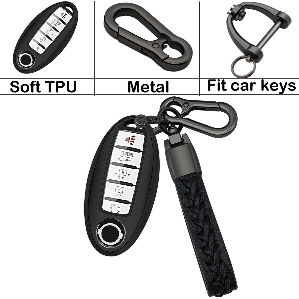 Kirsnda Nissan key fob cover leather keychain detail; woven accent for everyday use.