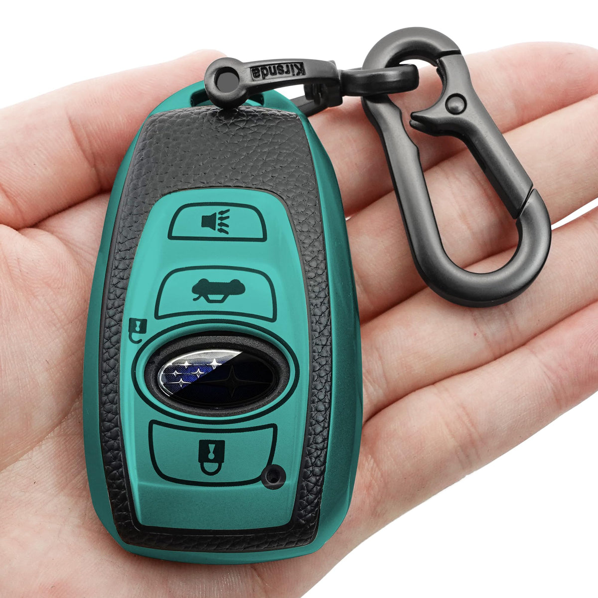 Kirsnda Subaru green key fob cover, front view, protects against scratches.
