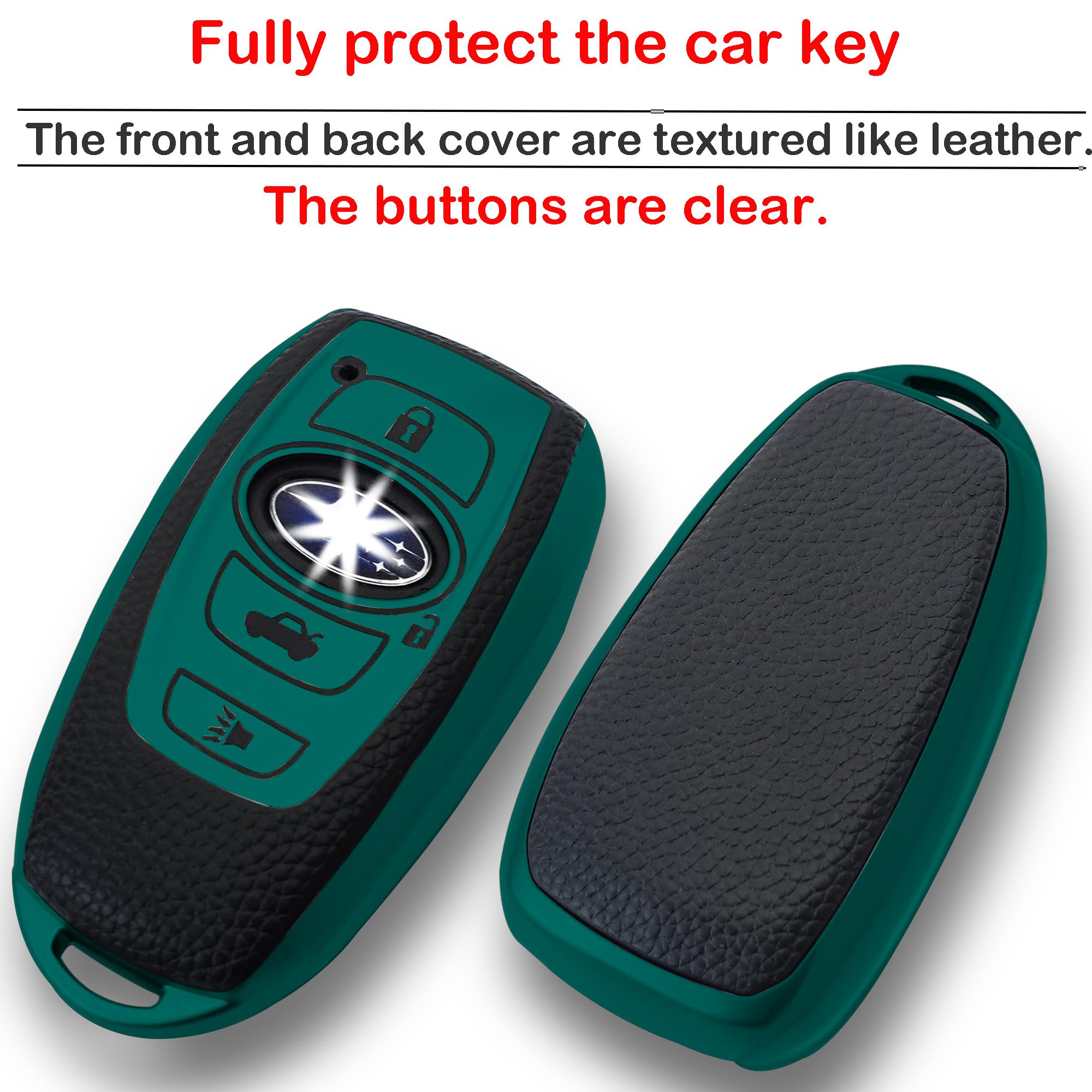 Kirsnda Subaru green key fob cover with keychain, keeps keys organized.