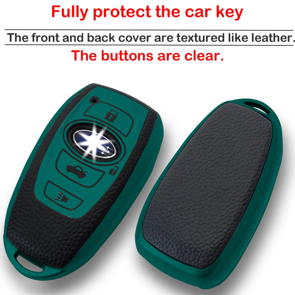 Kirsnda Subaru green key fob cover with keychain, keeps keys organized.