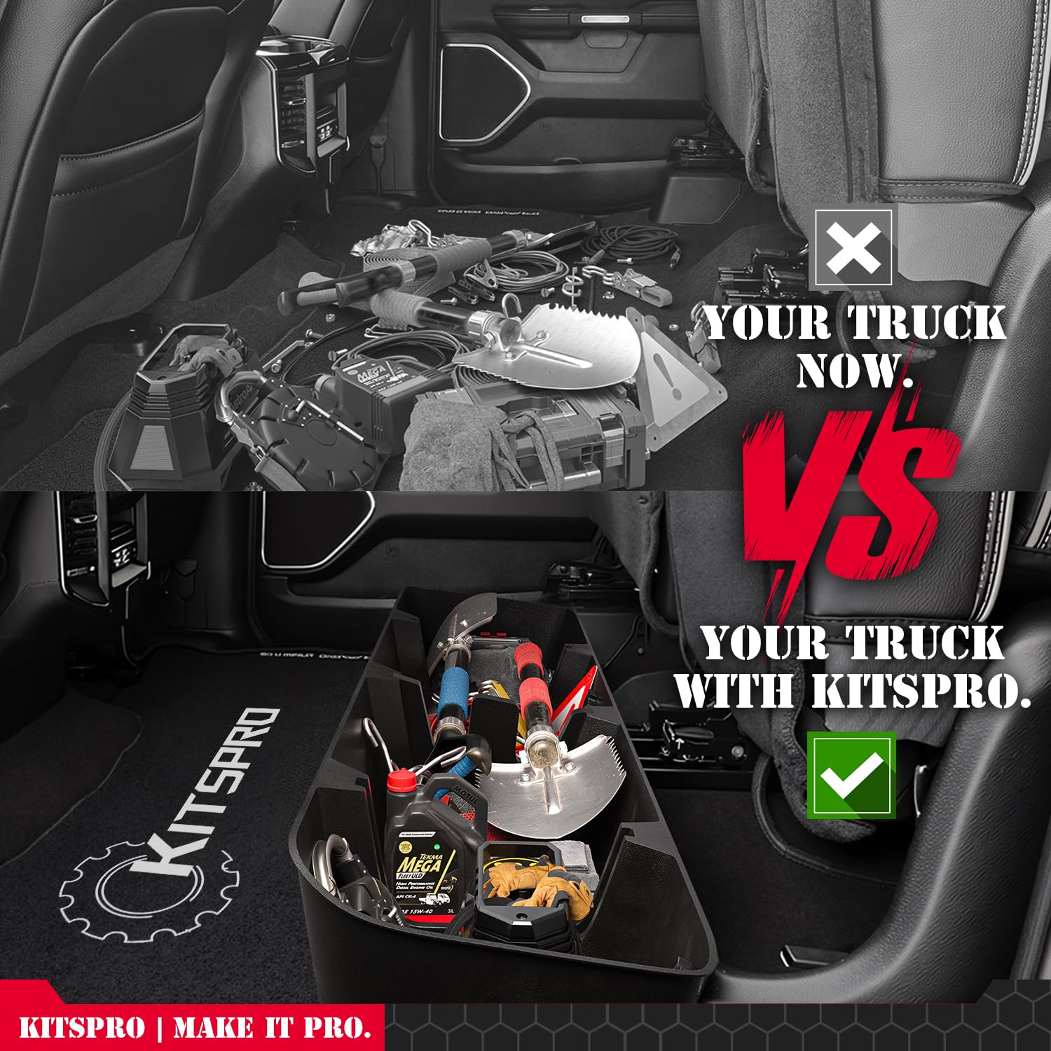 Anti-slip matte black design of KitsPro underseat box blends with interior