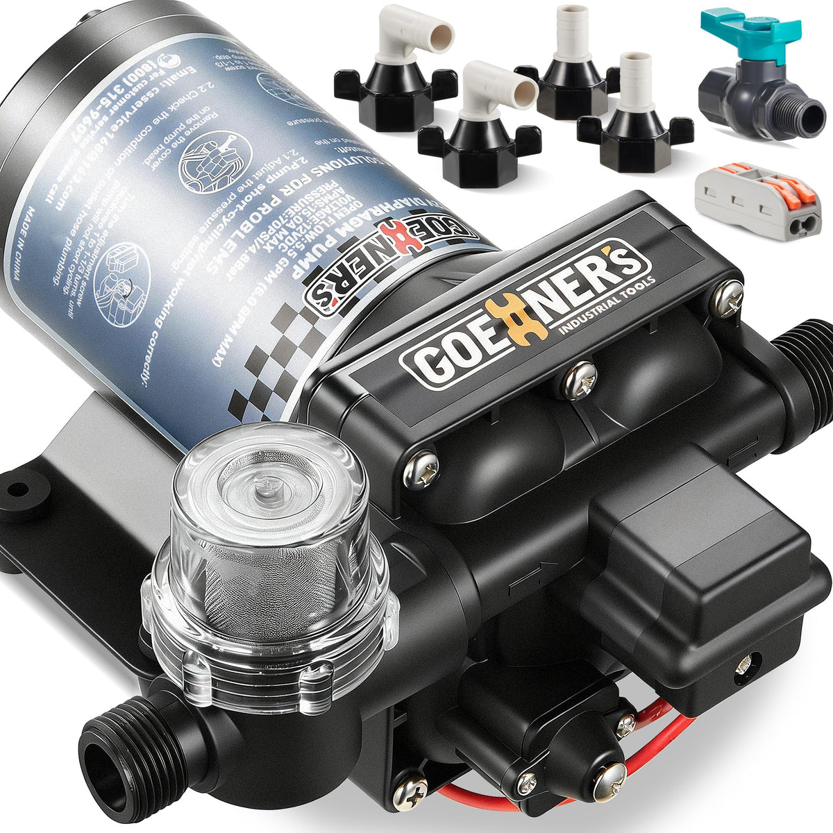 Kitvance RV water pump front view showing high-flow capability for multiple fixtures
