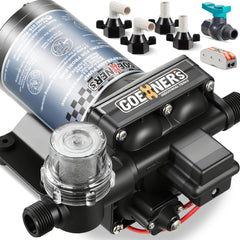 Kitvance RV water pump front view showing high-flow capability for multiple fixtures