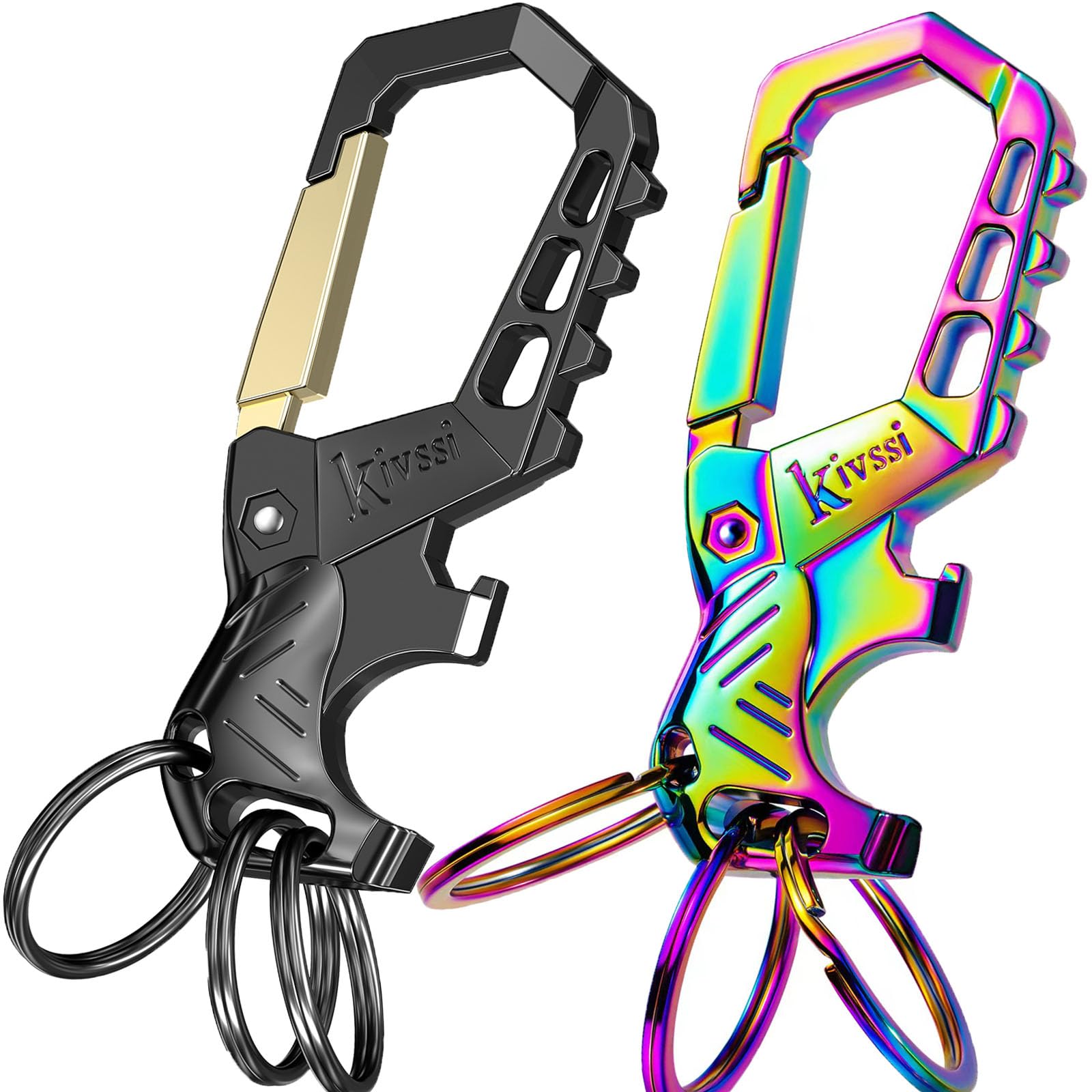 Kivssi heavy-duty keychain with carabiner and bottle opener for secure everyday carrying.
