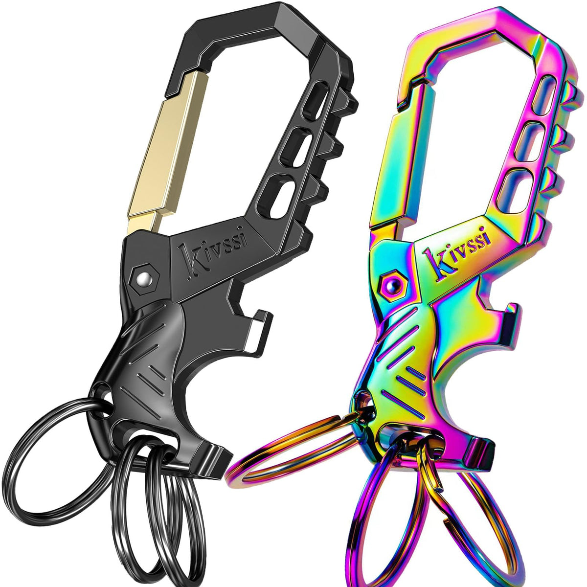 Kivssi heavy-duty keychain with carabiner and bottle opener for secure everyday carrying.