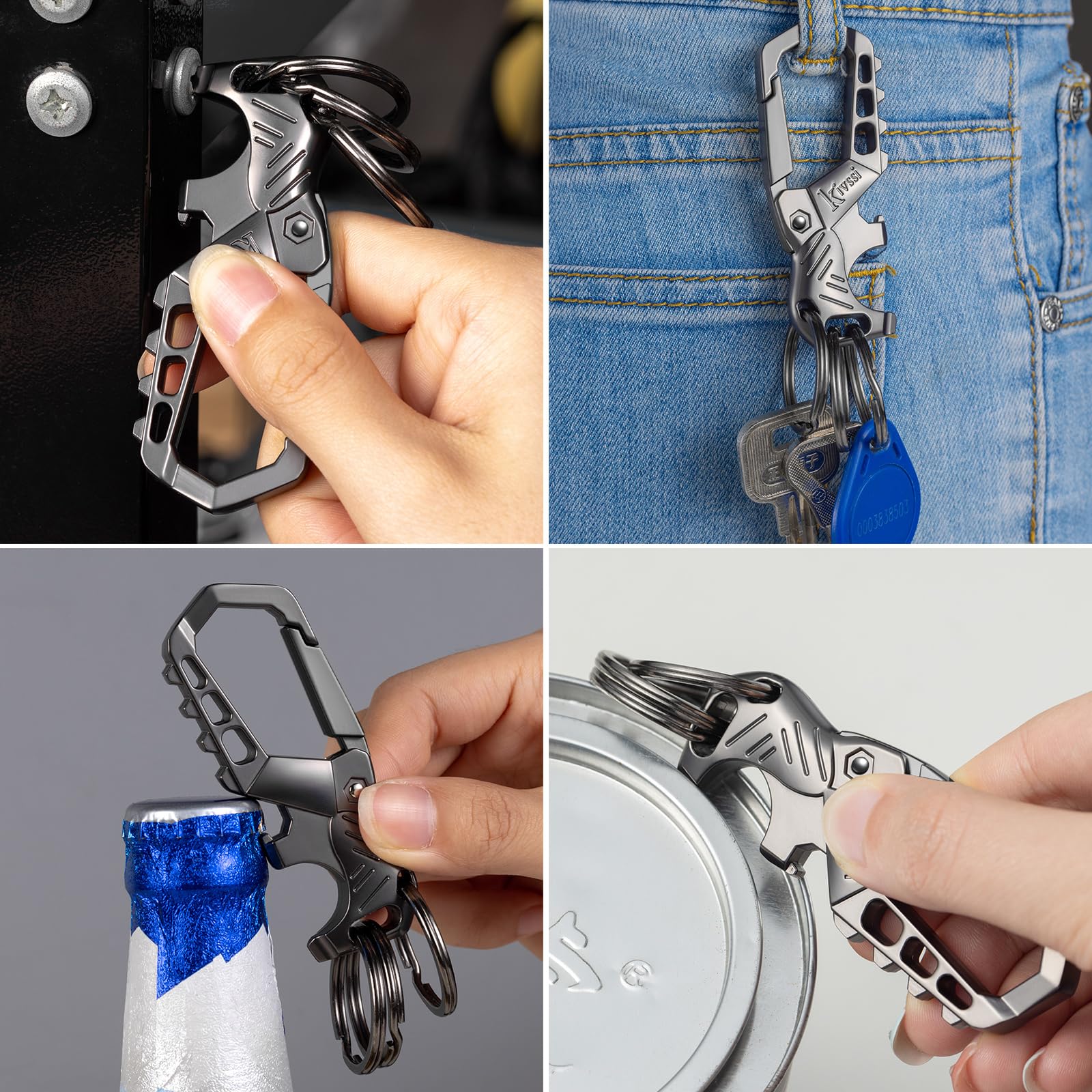 Kivssi keychain features bottle opener for instant cap removal.