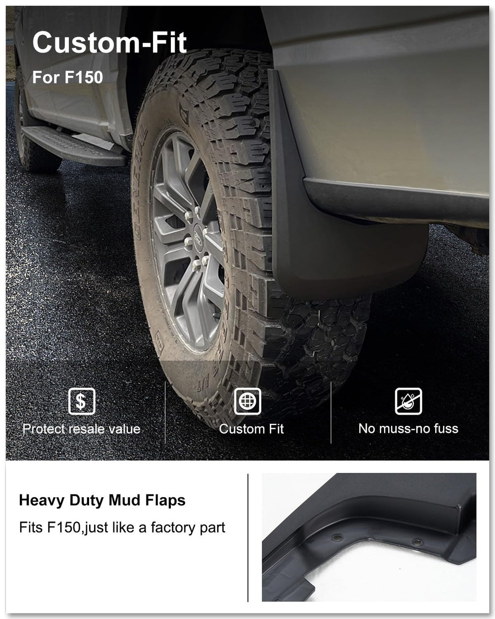 Kiwi Master mud flaps rear left on Ford F-150 shield tires from mud spray