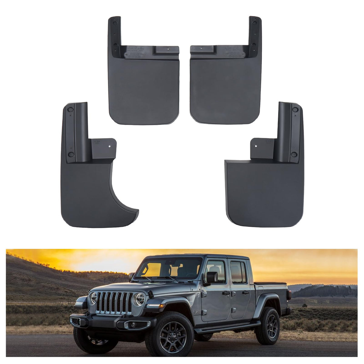 Kiwi Master mud flaps front view on Gladiator showing rugged protection.