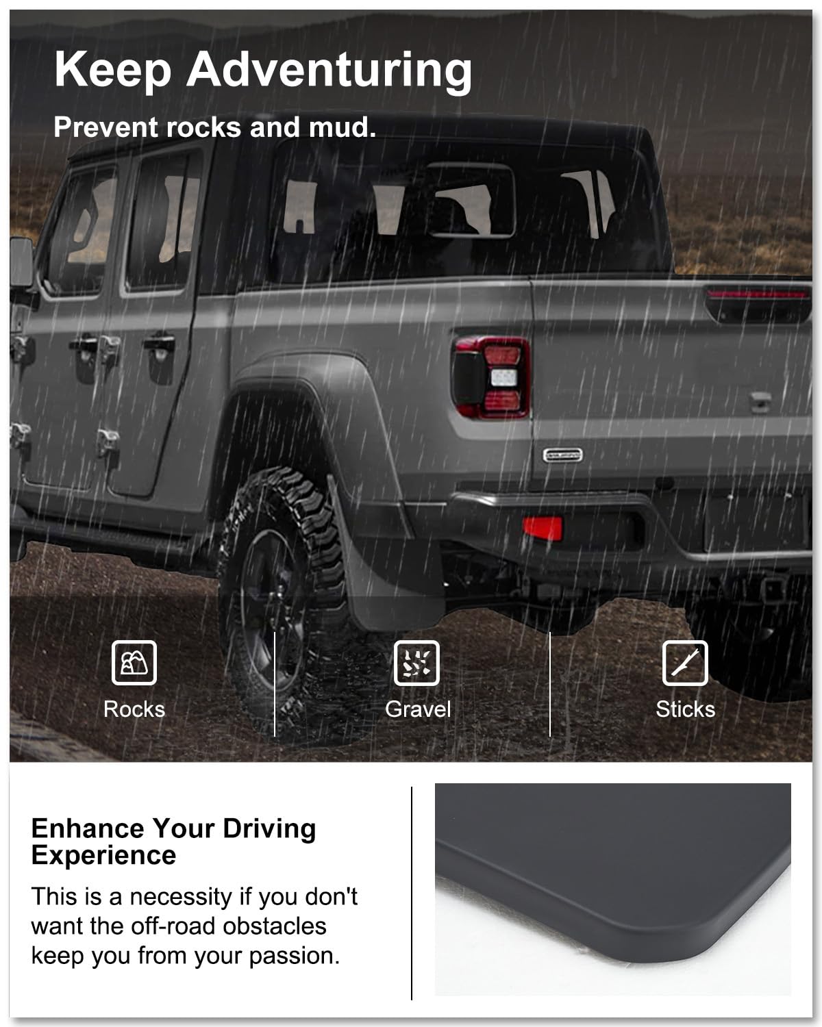 Kiwi Master matte finish close-up mud flaps on Gladiator.
