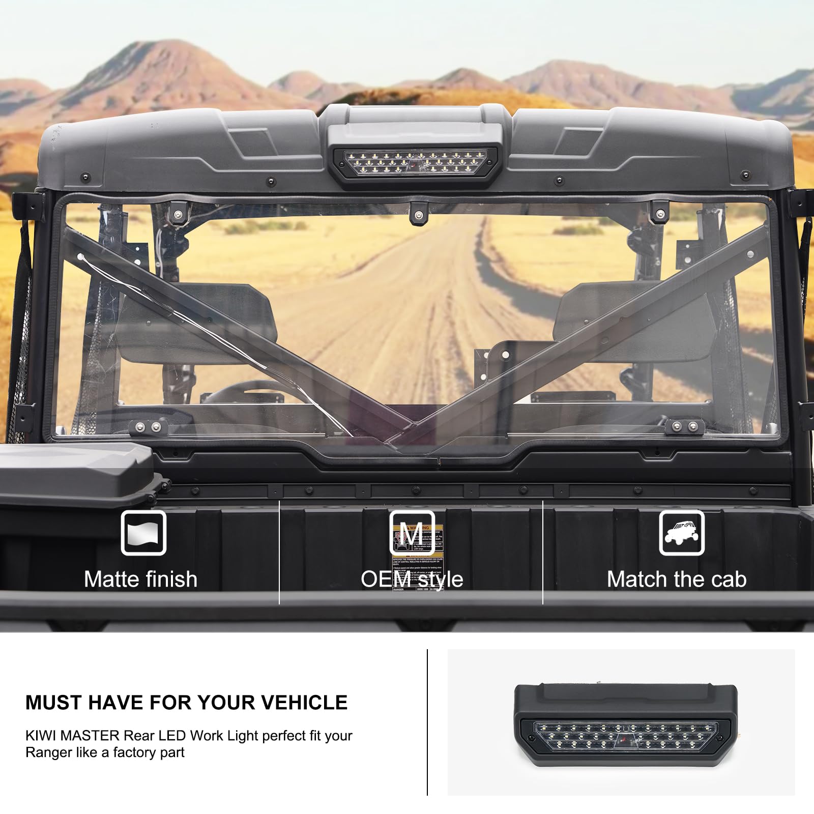 Kiwi Master rear LED light mounted on Ranger 1000 for improved cargo-area illumination