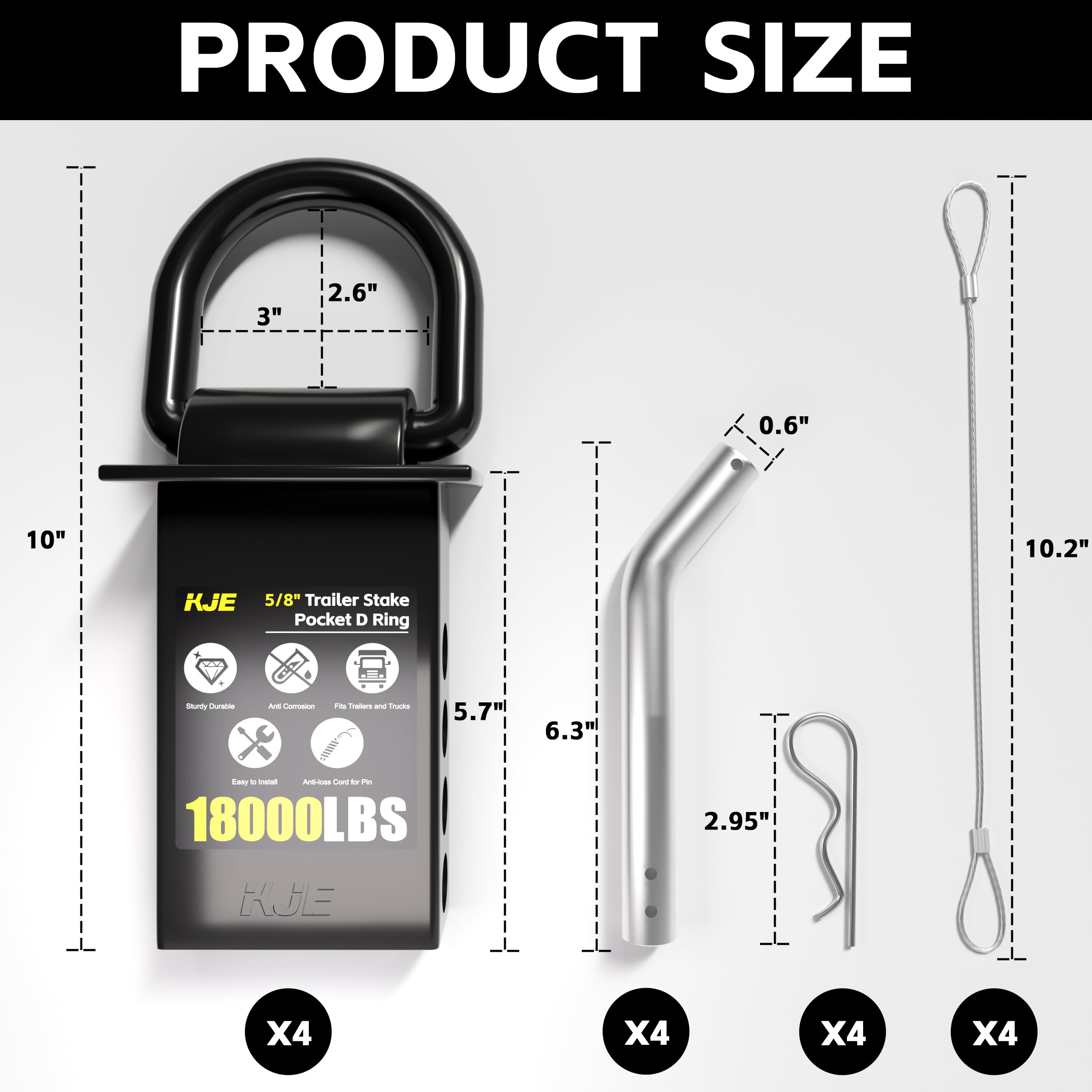 KJE 18,000 lb break strength D-ring demonstrates heavy-duty security.