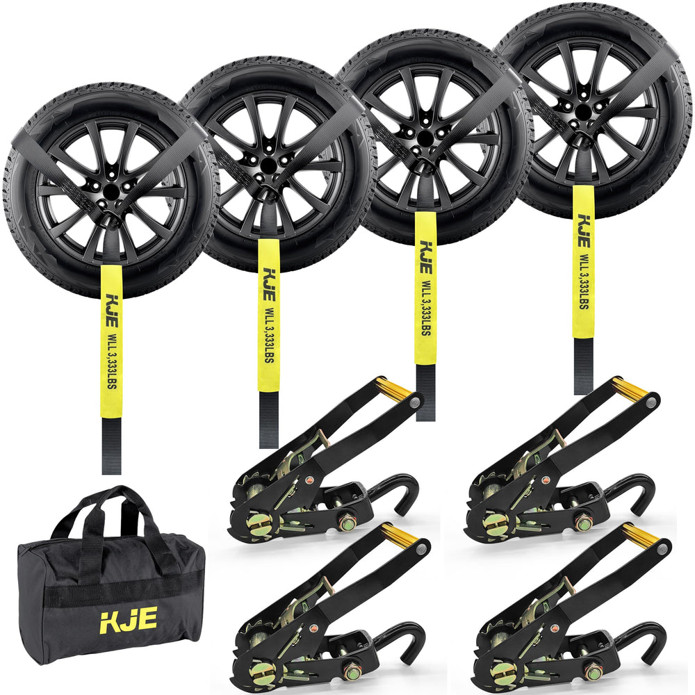 KJE 4-pack trailer tie-down straps with lasso-style secure vehicles during transport.