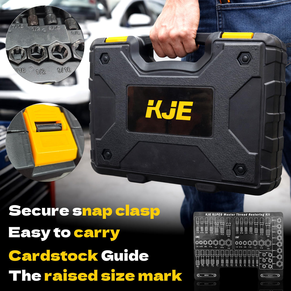 KJE 61Pcs blow-molded case keeps tools organized and portable.