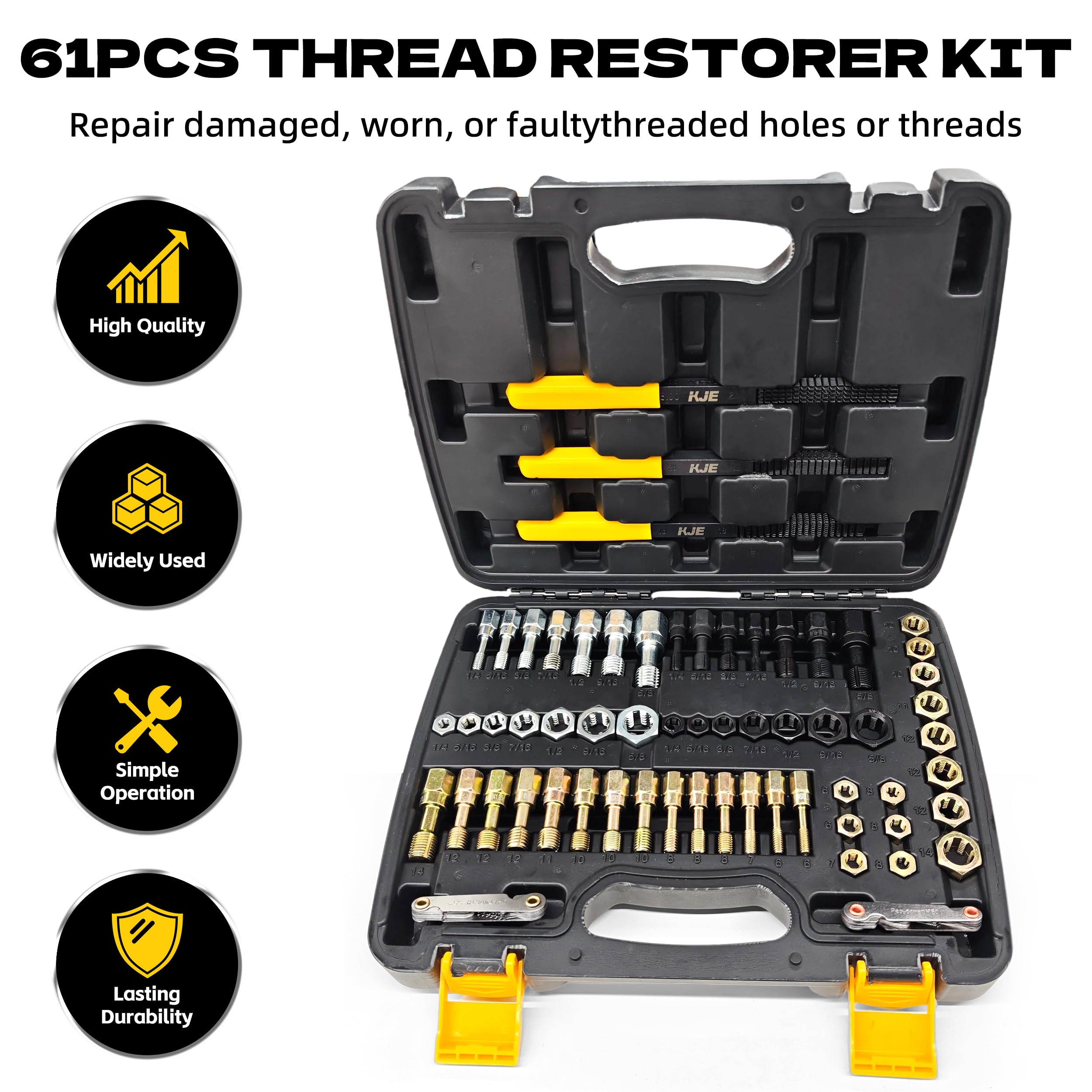 KJE 61Pcs taps and dies collection highlighting quick thread restoration.