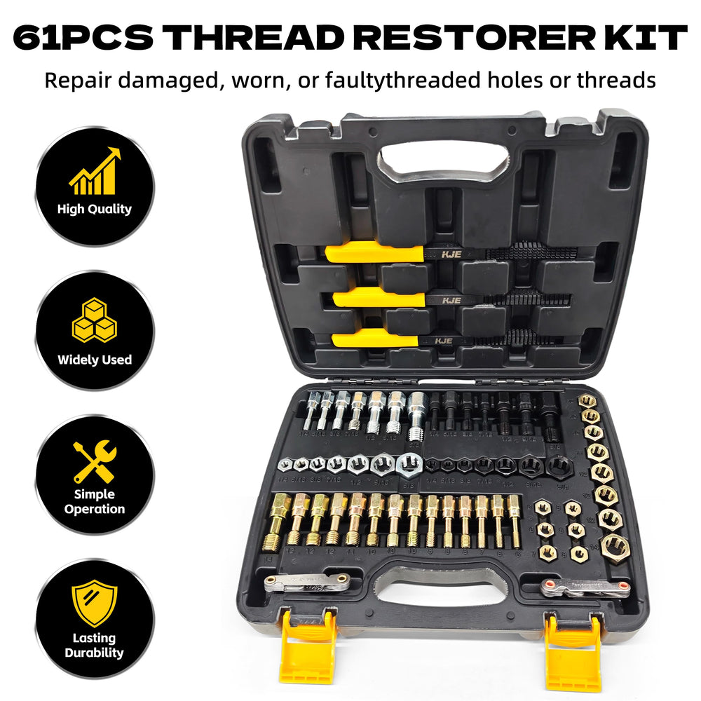 KJE 61Pcs taps and dies collection highlighting quick thread restoration.