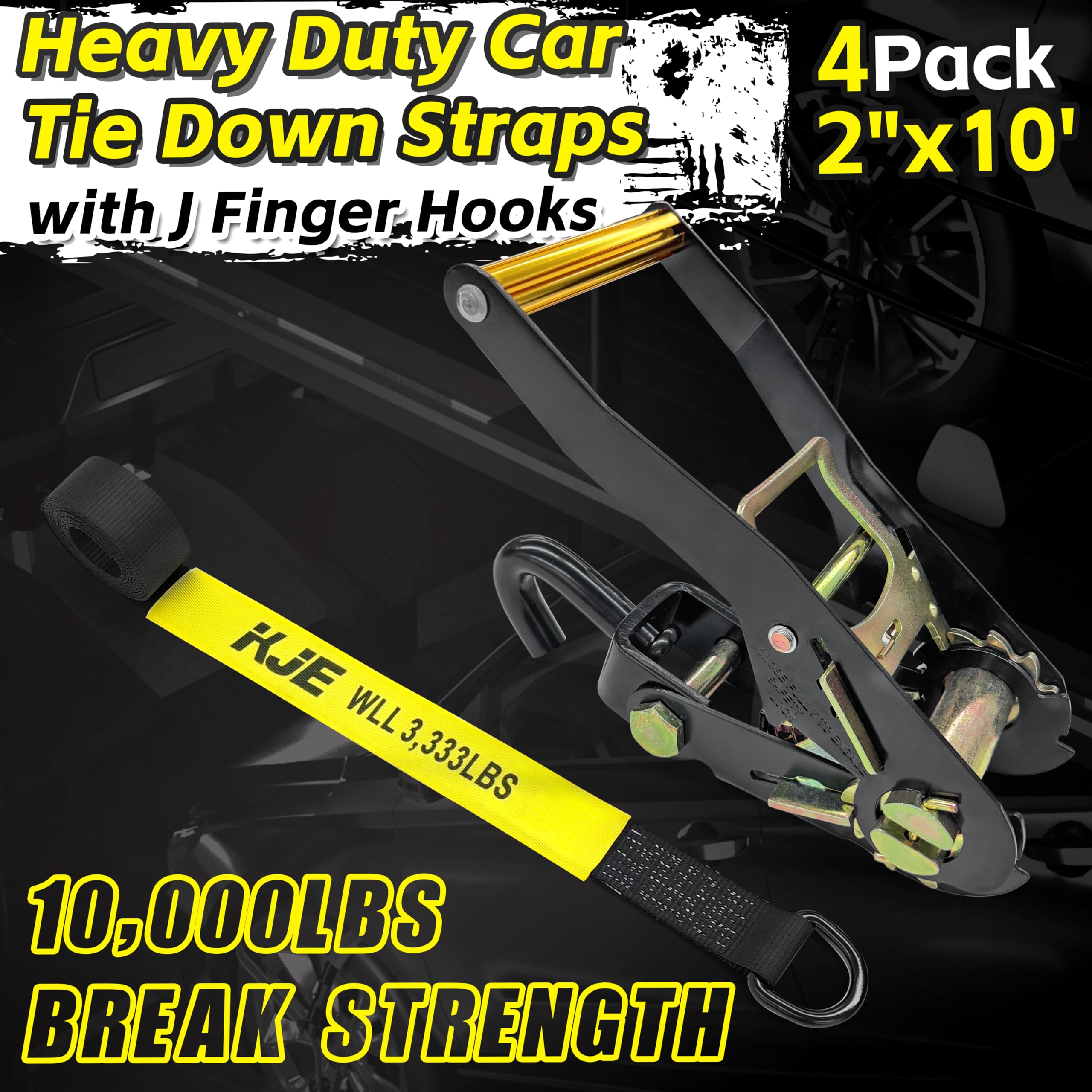 KJE strap with ratchet and J hooks provides strong tightening for secure hauling.