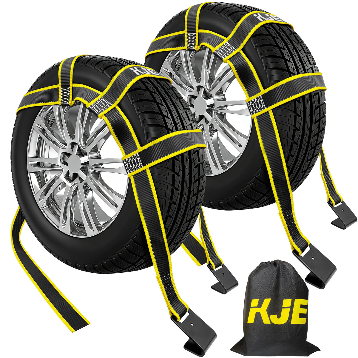 KJE Tow Dolly Straps cradle 14-19 inch tires securely during transport.
