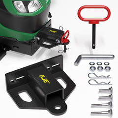 KJE hitch side view demonstrates heavy duty steel build for robust towing on lawns
