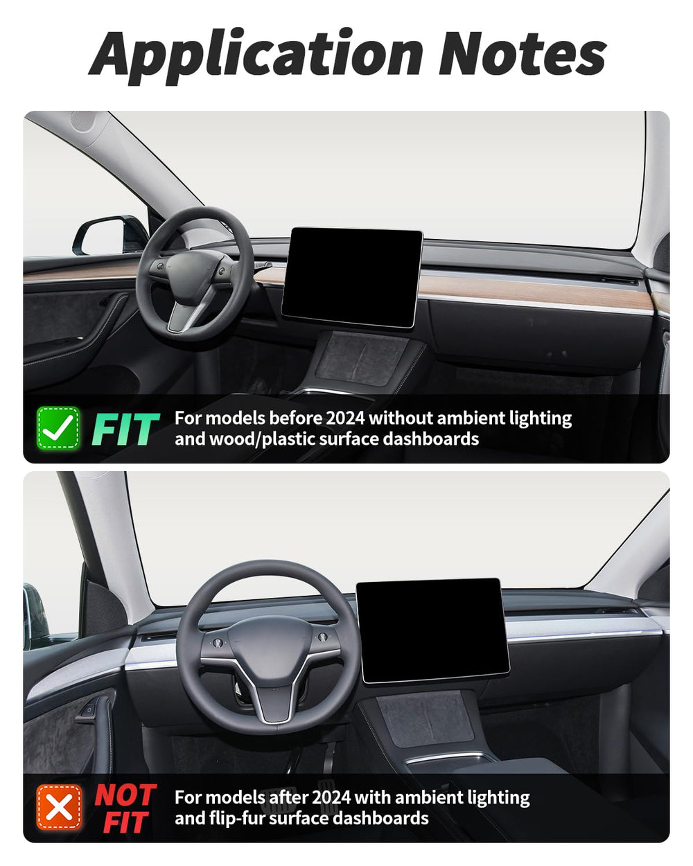 4-piece kit includes dashboard wrap and front door trims for Tesla interiors.