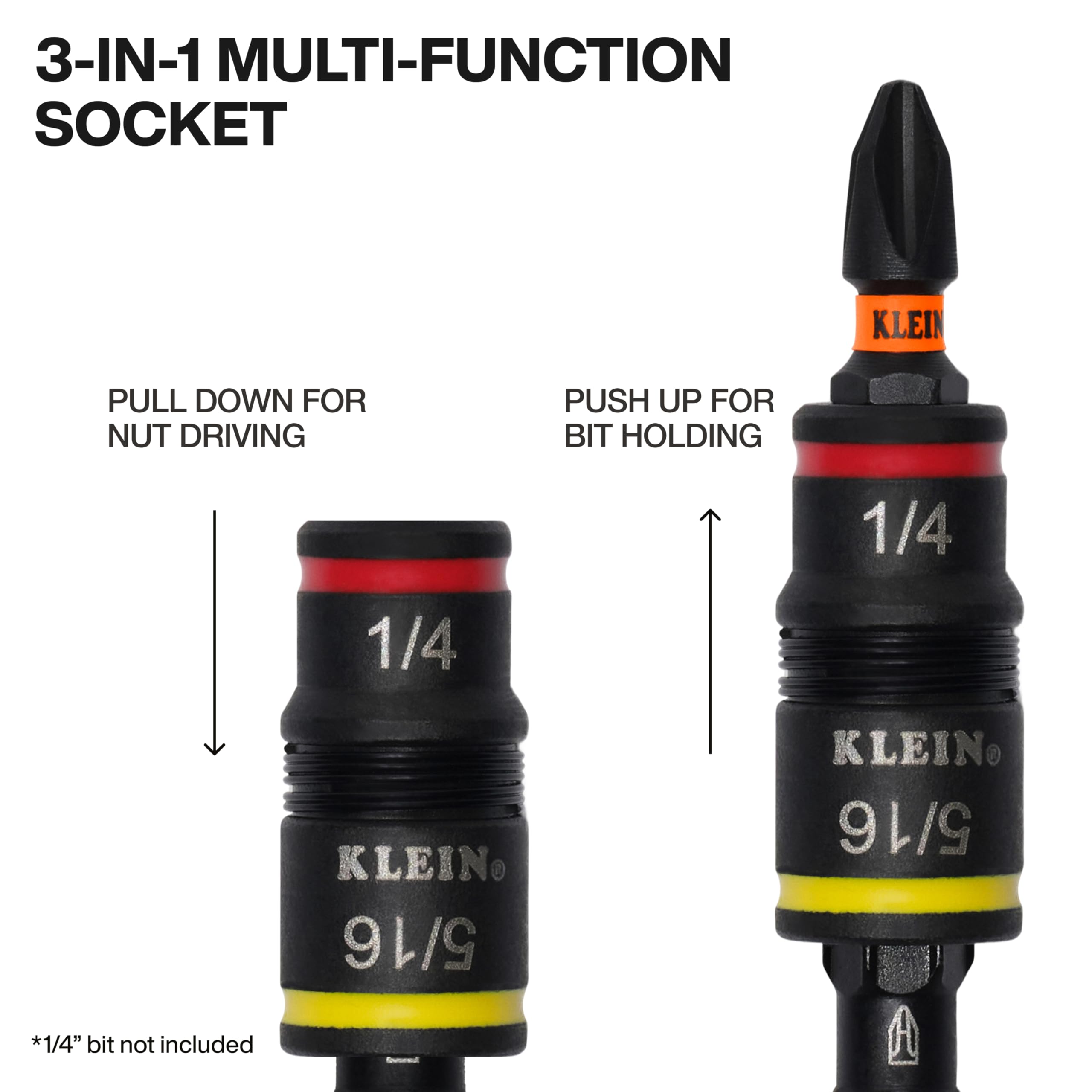 Klein Tools set attached to an impact driver in use showing fast, heavy-duty fastening performance