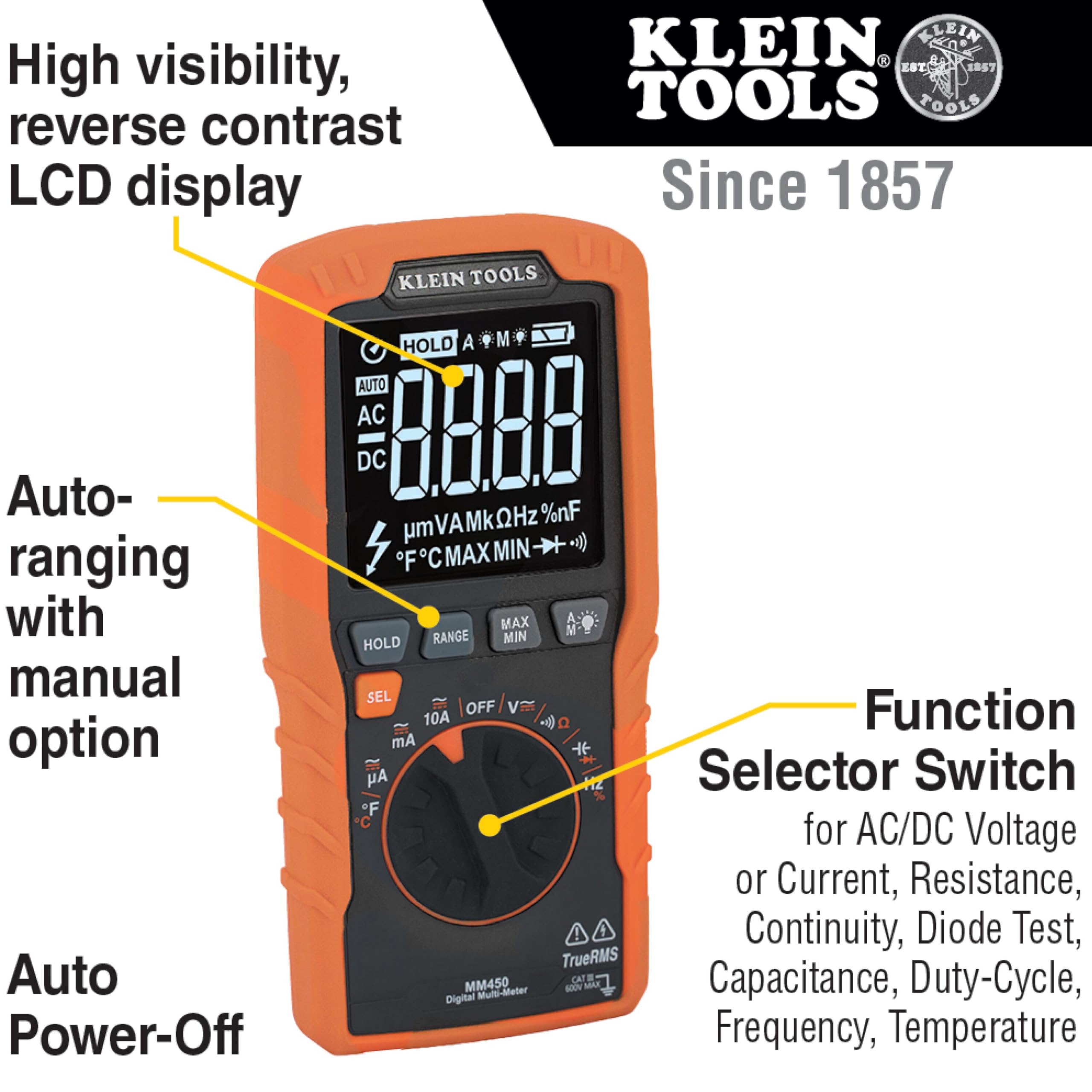 Klein Tools MM450 with lead alert ensuring proper test lead placement.