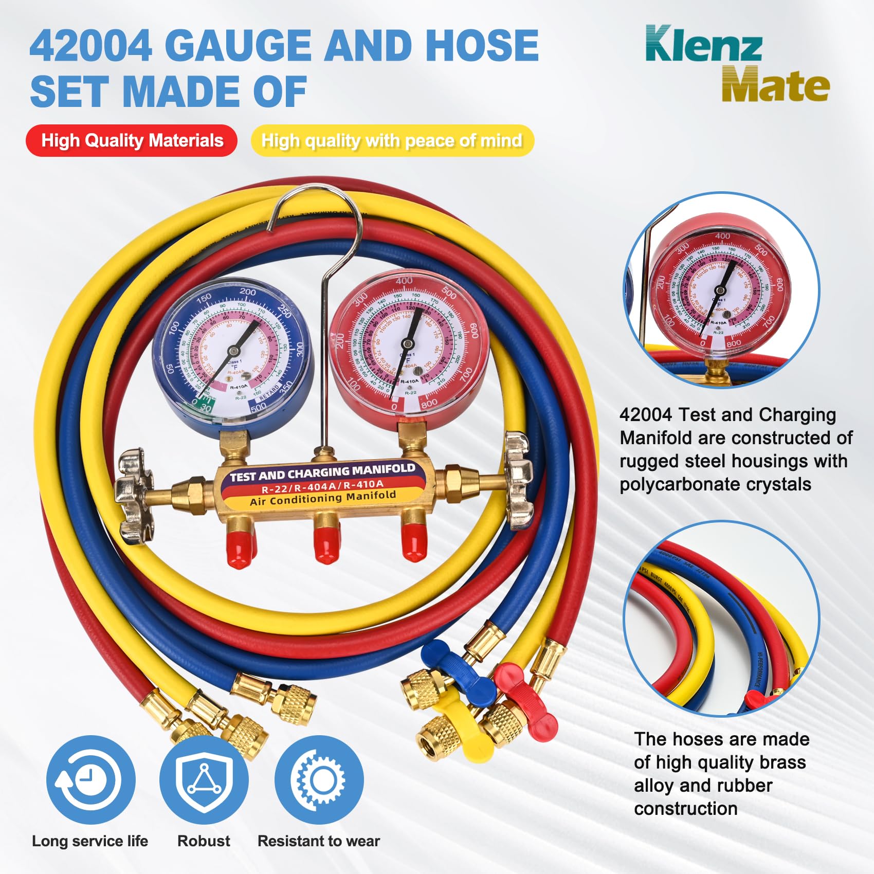 KlenzMate 60 inch hoses in yellow, red, and blue enable fast connections.