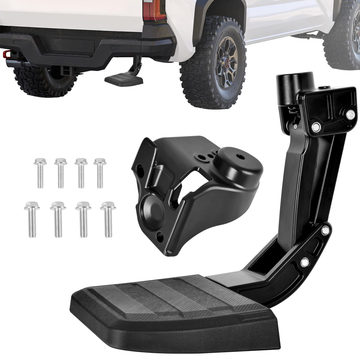 KLN rear bed step on Toyota Tacoma 2024–2026 with pedal deployed for easy entry