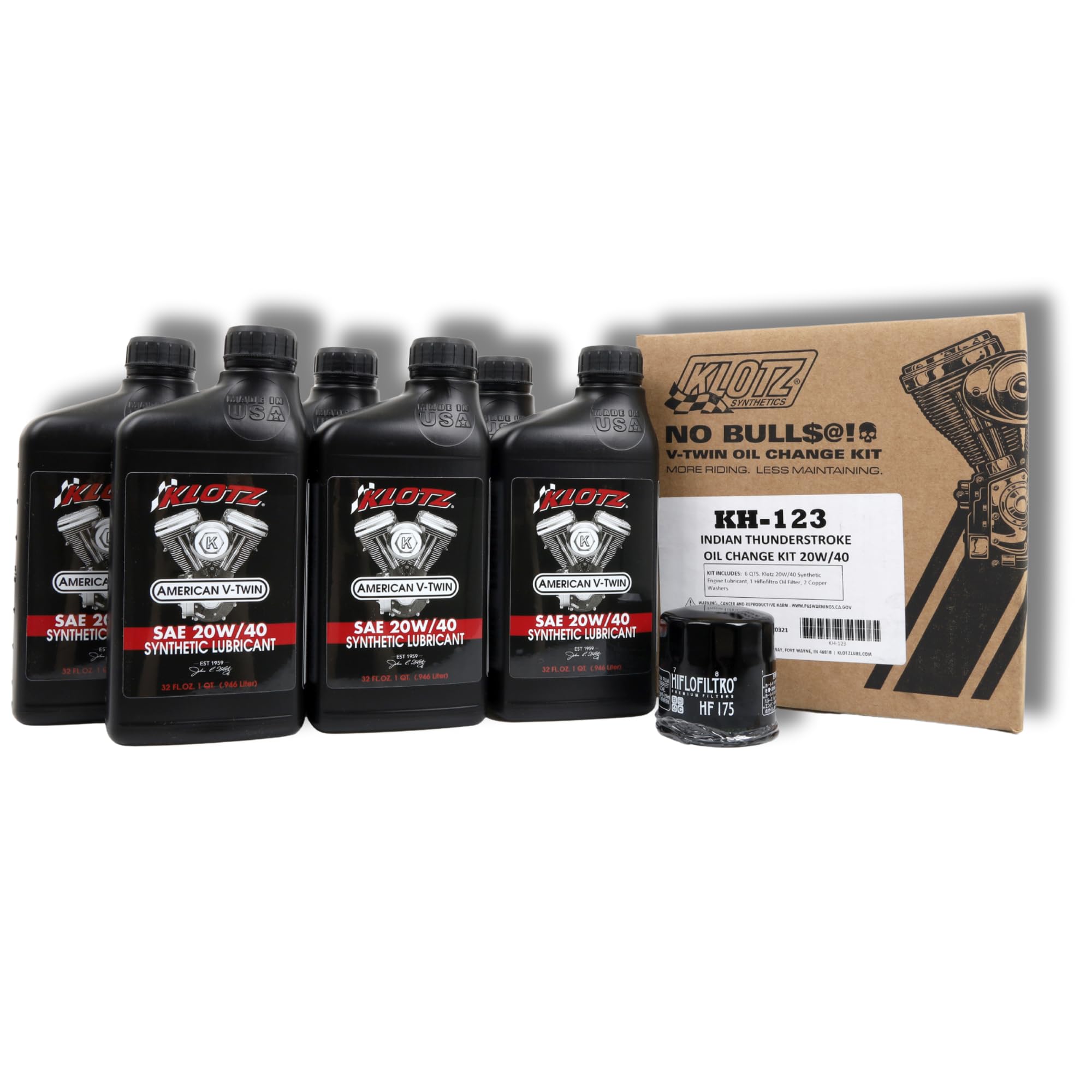 Klotz 6qt oil kit for Indian Thunderstroke engines enhances protection and efficiency during highway rides.