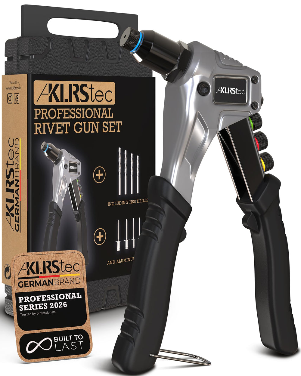 KLRS rivet gun kit in use, enabling precise rivet installation on metal.