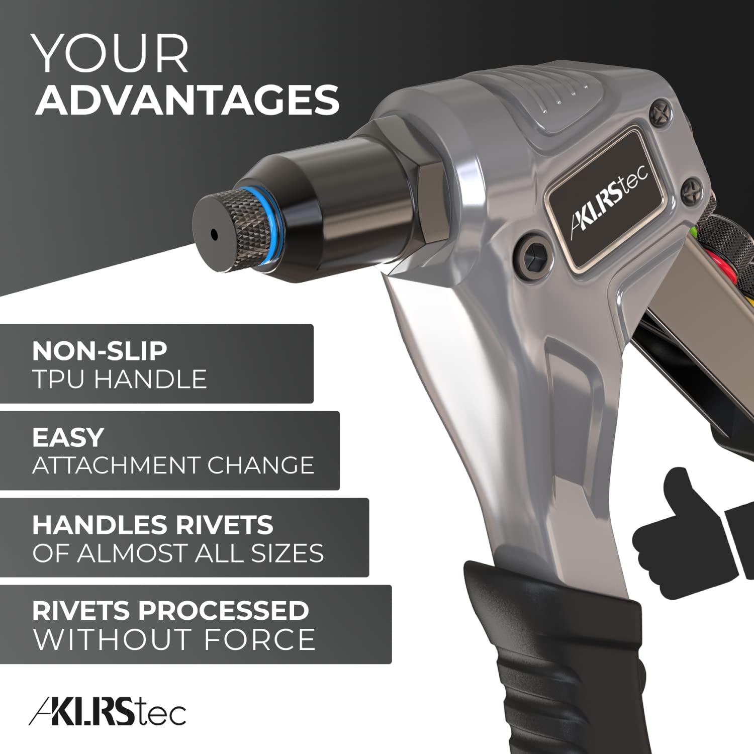 KLRS durable steel body stands up to tough rivet work.