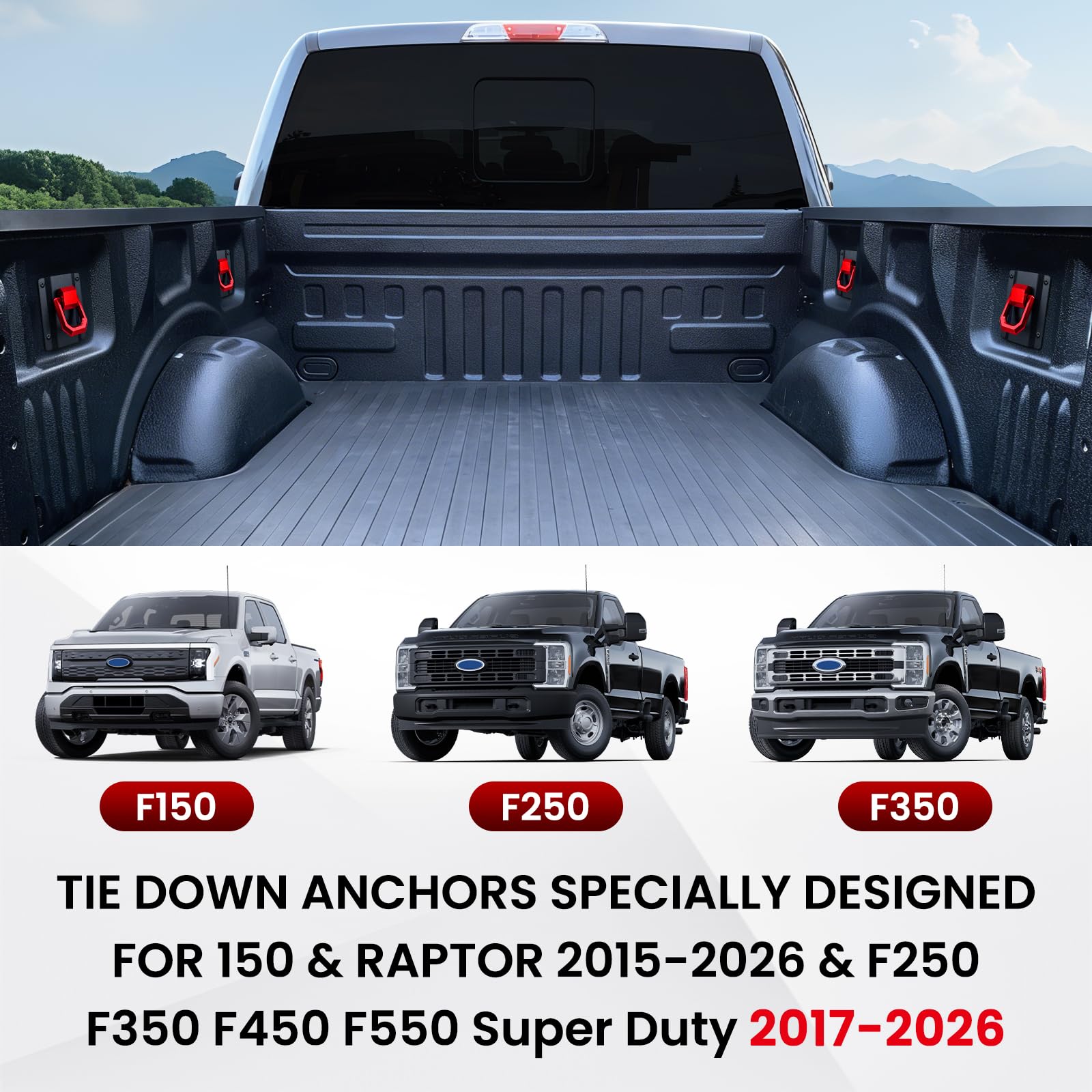 Bed tie-down anchors with 180-degree pull rings for easy mounting and storage.