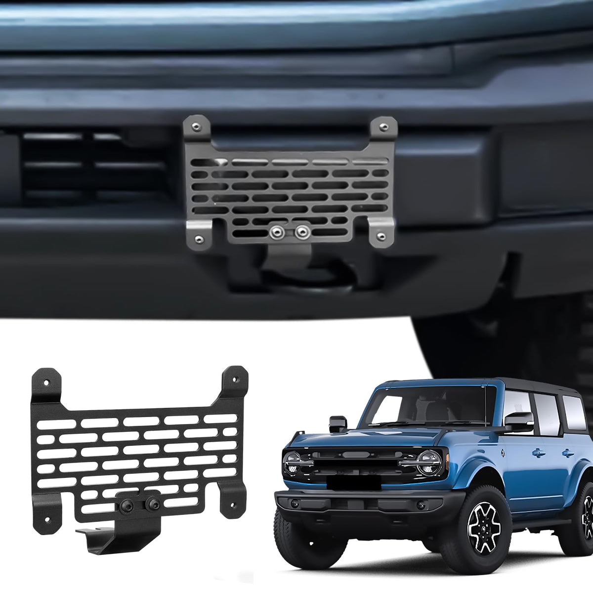 Klutchtech Bronco license plate mount bolt-on design for no-drill installation.