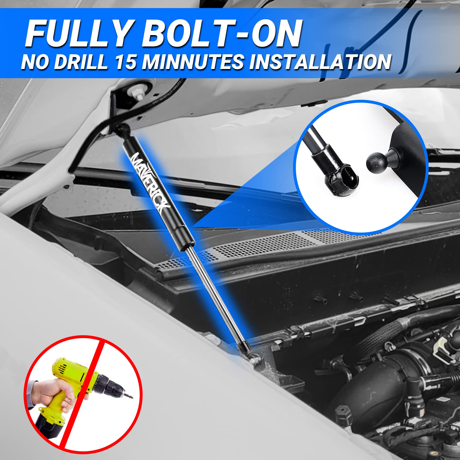 Klutchtech Maverick hood struts packaging includes hardware kit