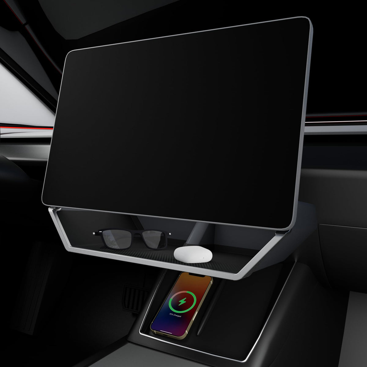 Klutchtech Model Y Juniper under-screen storage keeps essentials neatly within reach.