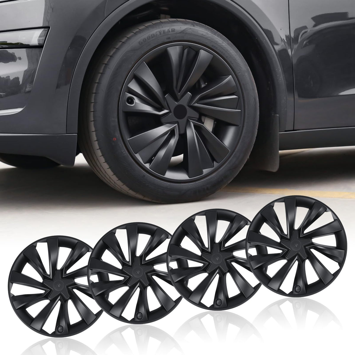Klutchtech Model Y 19-inch crossflow wheel cover front view enhances style and aerodynamics.