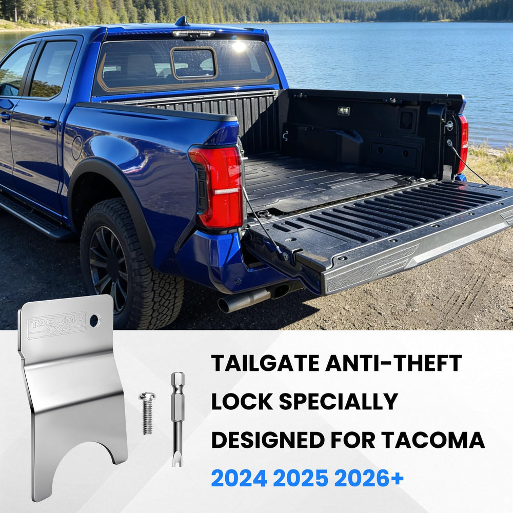 Stainless steel Klutchtech tailgate lock resisting rust in harsh conditions.