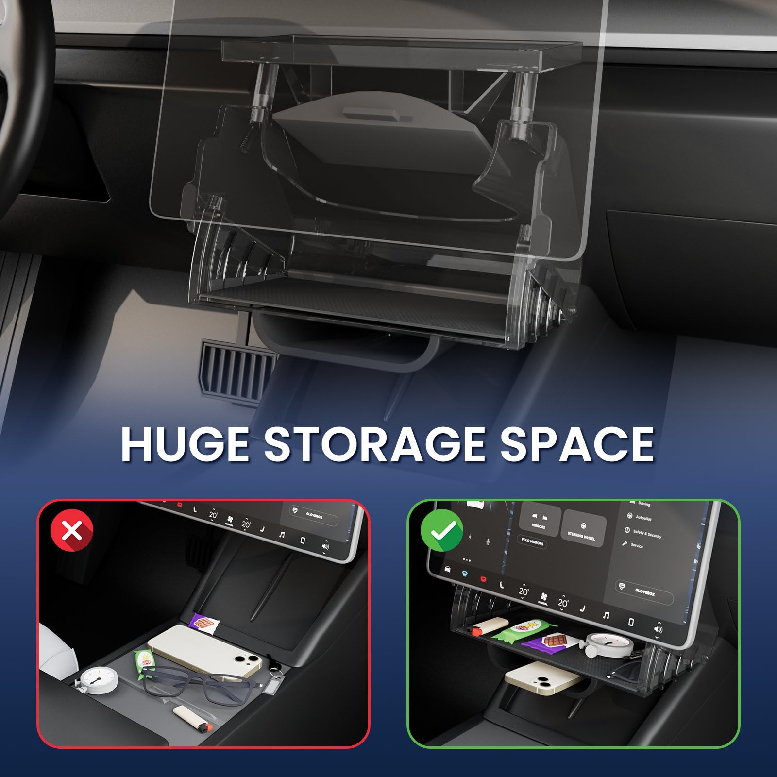 Invisible behind-screen tray fits behind the Model Y center display